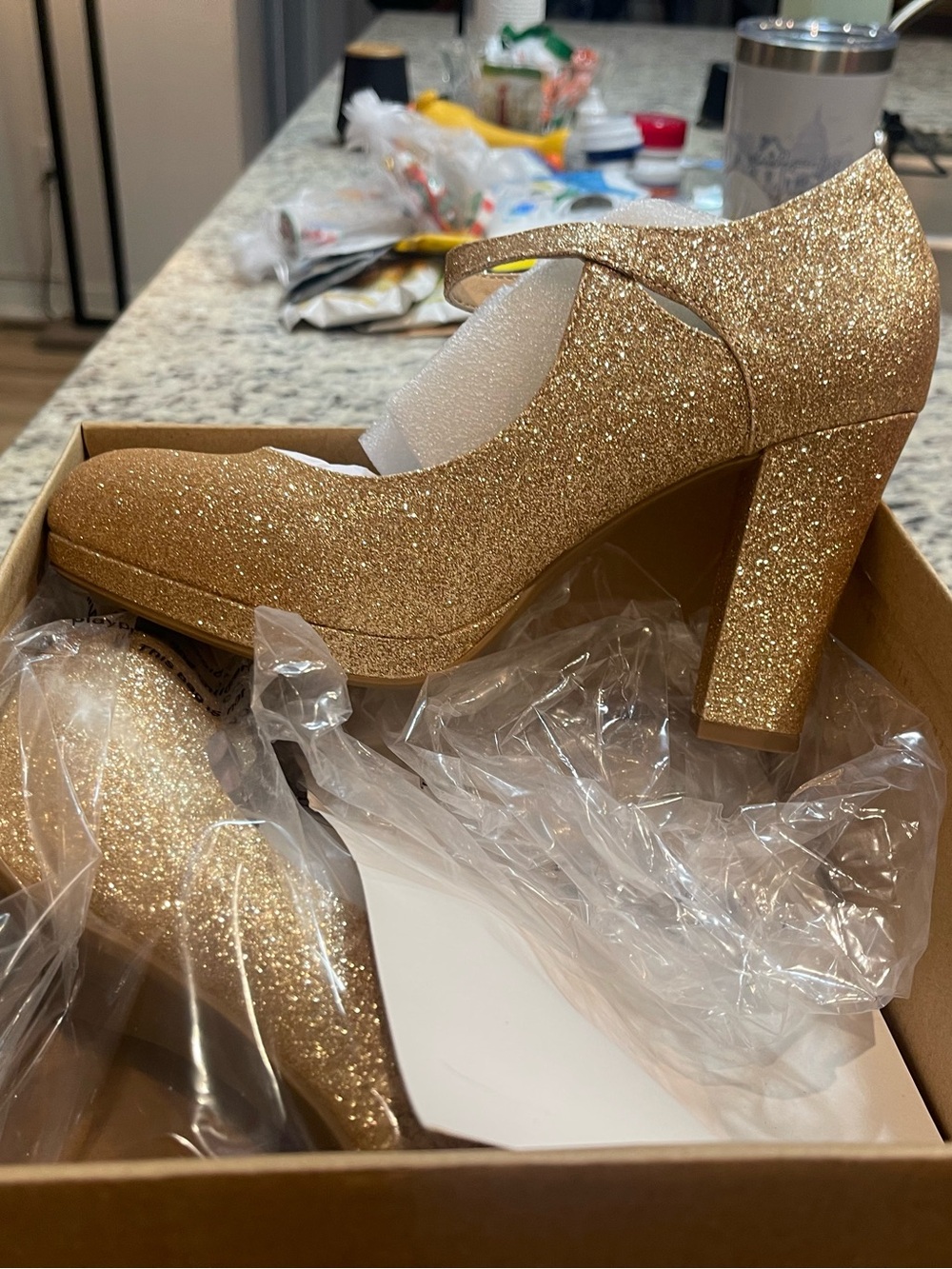Cityclassified Gold Glitter Mary Jane Block Heel Pumps